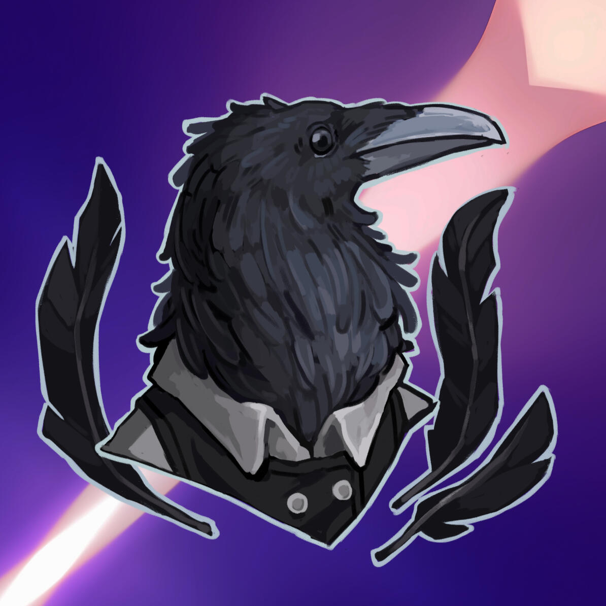 An anthropomorphic raven in a white button-up shirt and back vest in front of a purple/blue abstract background